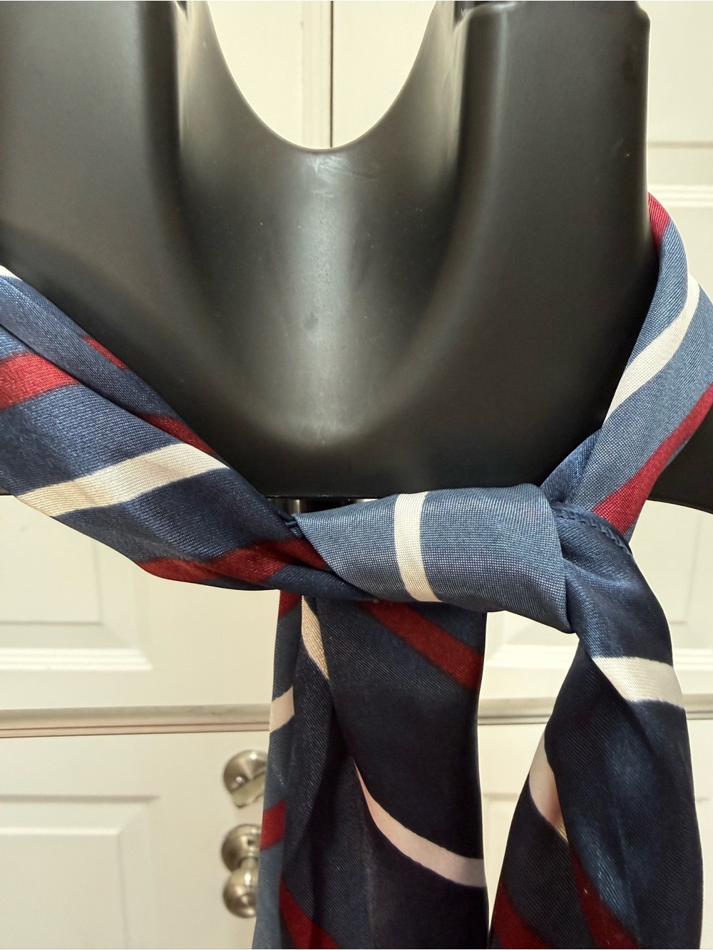 Striped Navy Silk-Feel Scarf with Red & White Accents - Picture 4 of 4